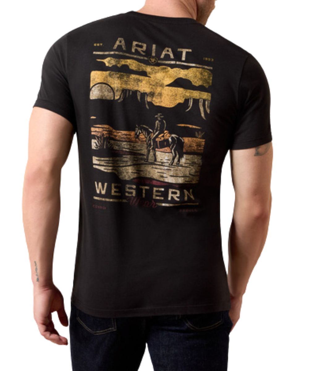 Back view of the men's Ariat Monument Gaucho tee in black featuring the monument screen printed graphic printed on the back