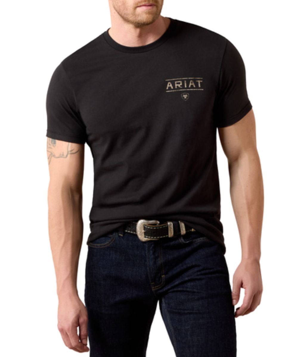 Front view of the men's short sleeve graphic tee featuring the logo screen printed at the left chest