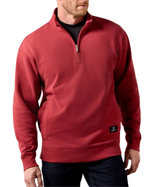 Front view of the men's Ariat Brick Red Core 1/4 Zip Pullover featuring the kangaroo pocket, mock collar, and rib knit trim
