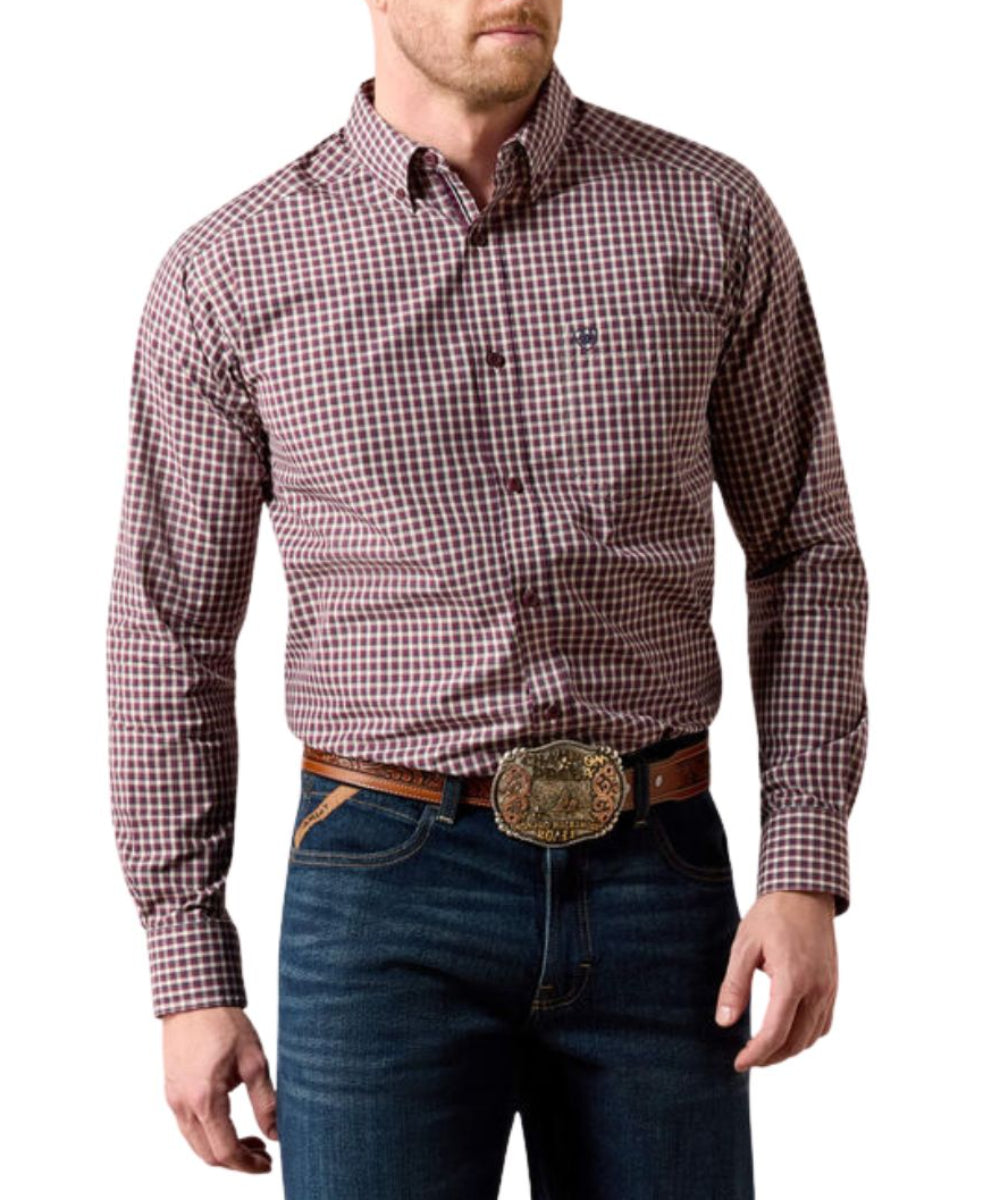 Front view of the men's blue night micro plaid Ariat Pro Series Button Down Shirt featuring the button down collar, classic fit with extra length, chest pocket, and plaid print