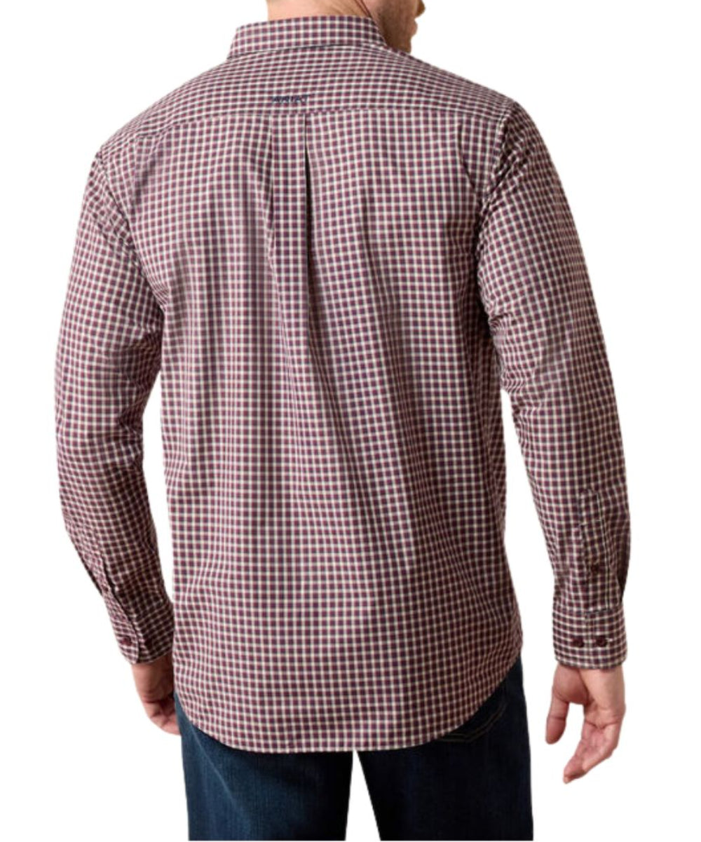 Back view of the men's burgundy long sleeve button down shirt featuring the straight back yoke with a box pleat, breathable mesh yoke, and buttoned cuffs