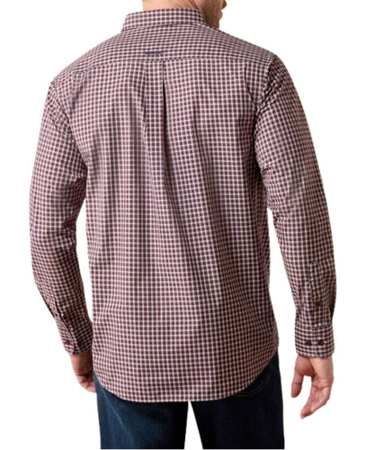 Back view of the men's burgundy long sleeve button down shirt featuring the straight back yoke with a box pleat, breathable mesh yoke, and buttoned cuffs