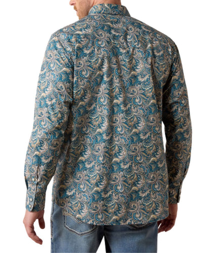 Back view of the men's long sleeve western paisley snap shirt featuring the single point western yokes