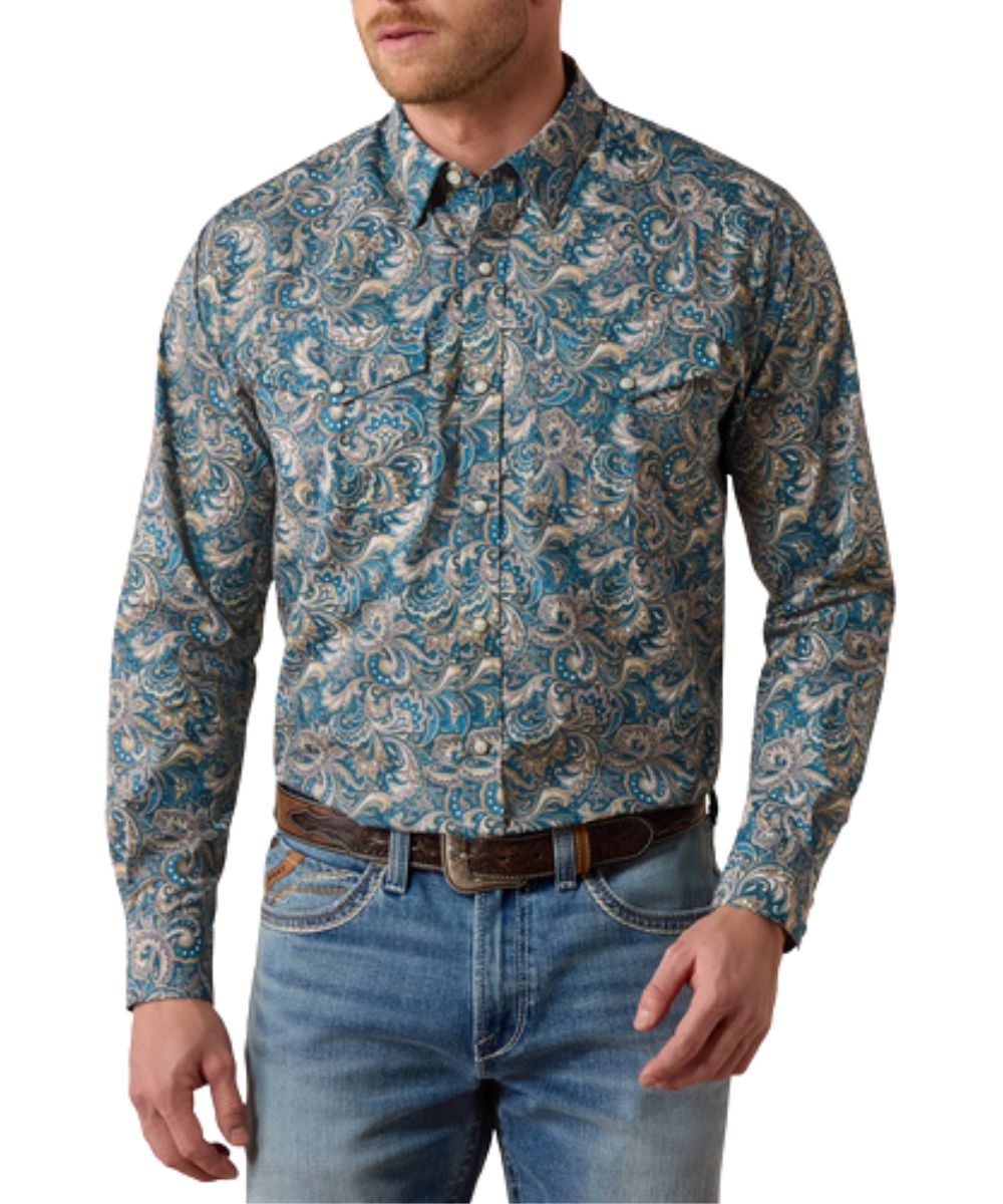 Front view of the men's Ariat Classic Fit Blue Paisley Snap Shirt featuring the pearl snap placket and extra length in the body and sleeves