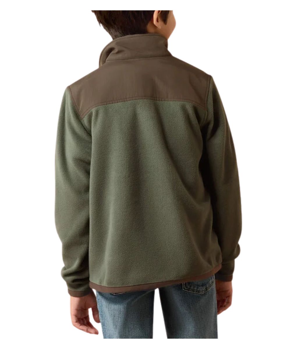 A child viewed from the back wearing a fleece pullover jacket with an olive green body and brown shoulder yoke, paired with blue jeans against a plain white background.