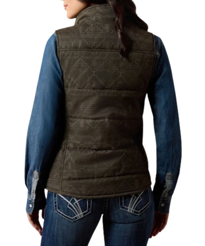 Back view of the women's grey quilted vest featuring the mock collar and quilted design