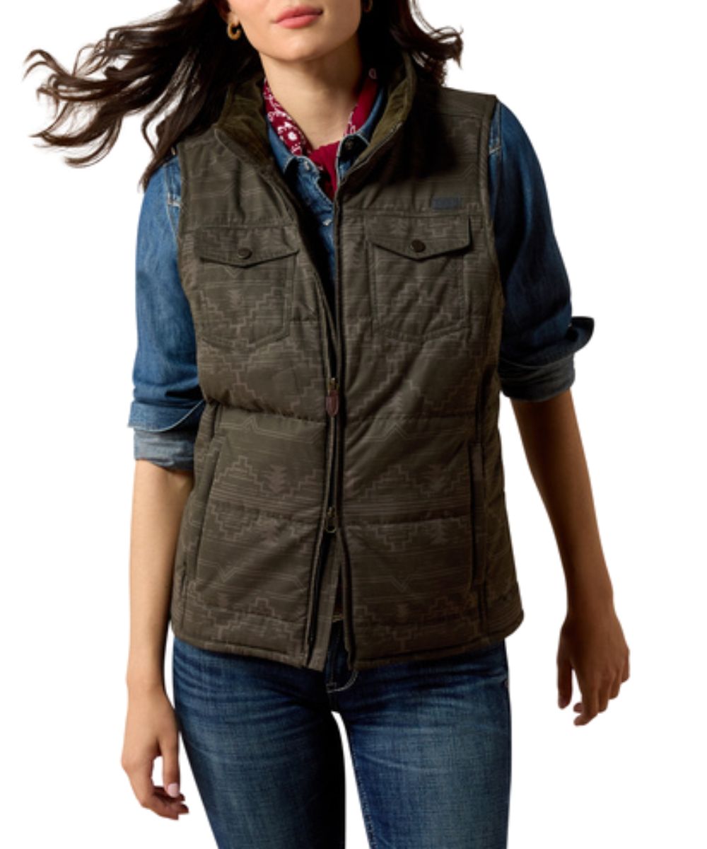 Front view of the women's beluga/grey Ariat Quilted Vest featuring the cool climate insulation, water-resistant finish, two-way zipper closure, chest and hand pockets