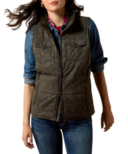 Front view of the women's beluga/grey Ariat Quilted Vest featuring the cool climate insulation, water-resistant finish, two-way zipper closure, chest and hand pockets