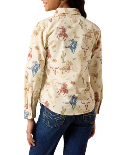 Back view of the girl's long sleeve western pearl snap shirt featuring the desert run toile print 
