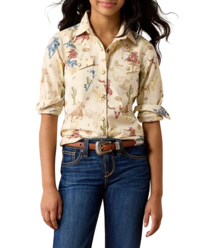 Front view of the girl's Ariat Ranch Tale Western Snap Shirt in an off-white color featuring the desert run toile print