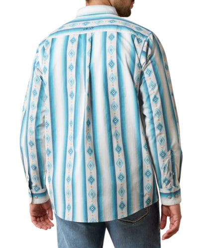 Back view of the men's blue and white serape striped long sleeve button down shirt featuring the classic fit with extra length in the body and sleeves and the straight back yoke with a box pleat