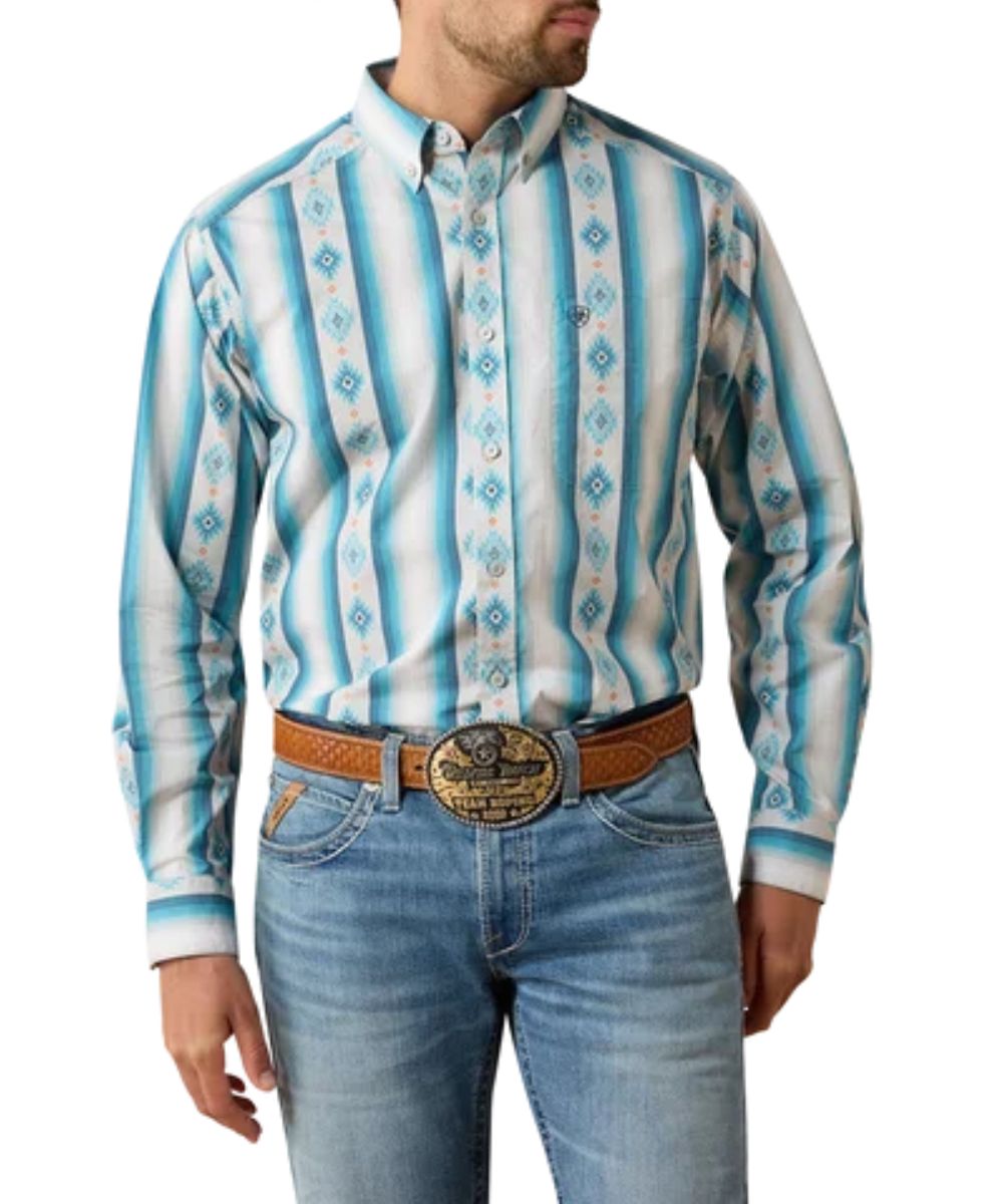 Front view of the men's Ariat Powers Button Down Shirt featuring the grey serape striped print and single open chest pocket