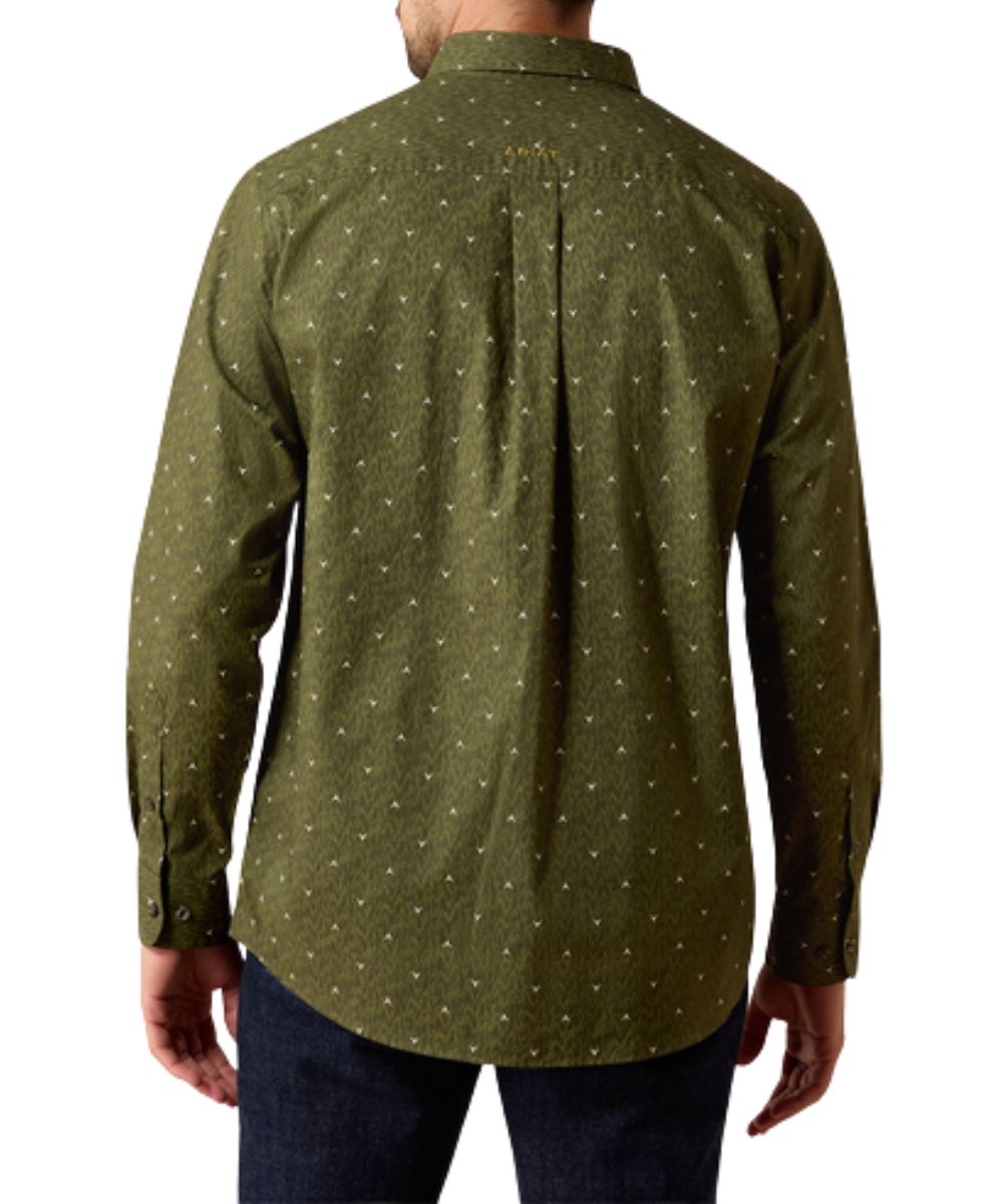 Back view of the men's dark green/grape leaf long sleeve button down shirt featuring the straight back yoke with box pleat