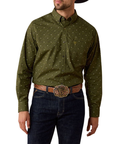 Front view of the men's grape leaf Ariat Chad Classic Fit Button Down Shirt featuring the long sleeves, extra length in the body and sleeves, button down collar, and longhorn ikat print