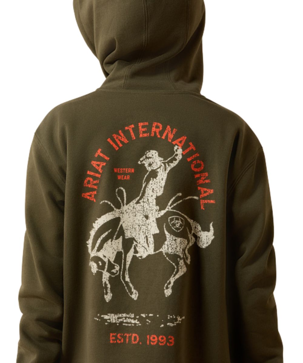 Back view of the boy's Ariat Grape Leaf International Rodeo Hoodie featuring the bucking horse graphic on the back