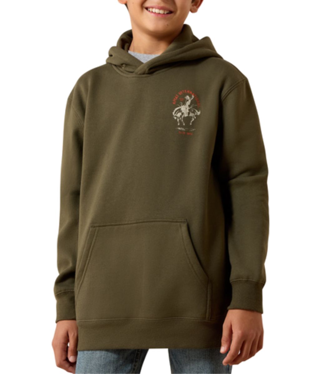 Front view of the boy's long sleeve hoodie featuring the kangaroo pocket and small screen printed bucking horse graphic on front left chest