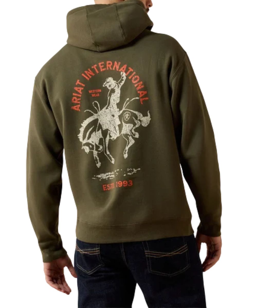 Back view of the men's Ariat International Rodeo Hoodie featuring the bucking horse graphic 