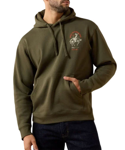Front view of the men's long sleeve hooded sweatshirt in the grape leaf color with rodeo themed graphics