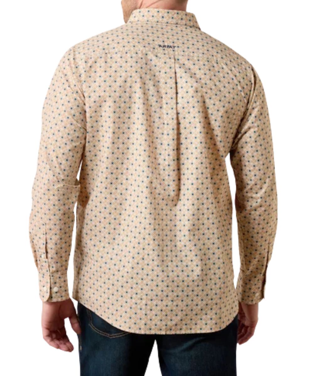 Back view of the men's gold medallion button down shirt featuring the straight back yoke with box pleat