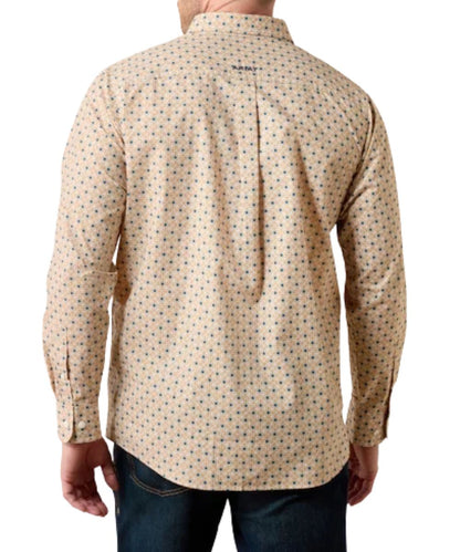 Back view of the men's gold medallion button down shirt featuring the straight back yoke with box pleat
