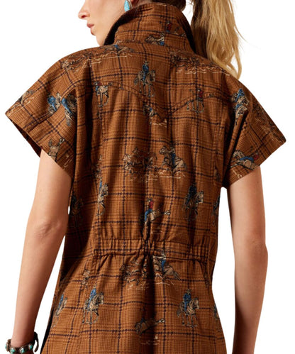 A woman shown from the back wearing a brown short-sleeve collared dress with a plaid pattern and western-style cowboy print, photographed against a plain white background.