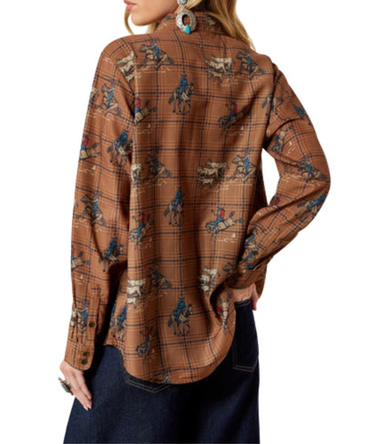 Back view of the women's brown long sleeve button down shirt featuring the button cuffs and slightly relaxed fit