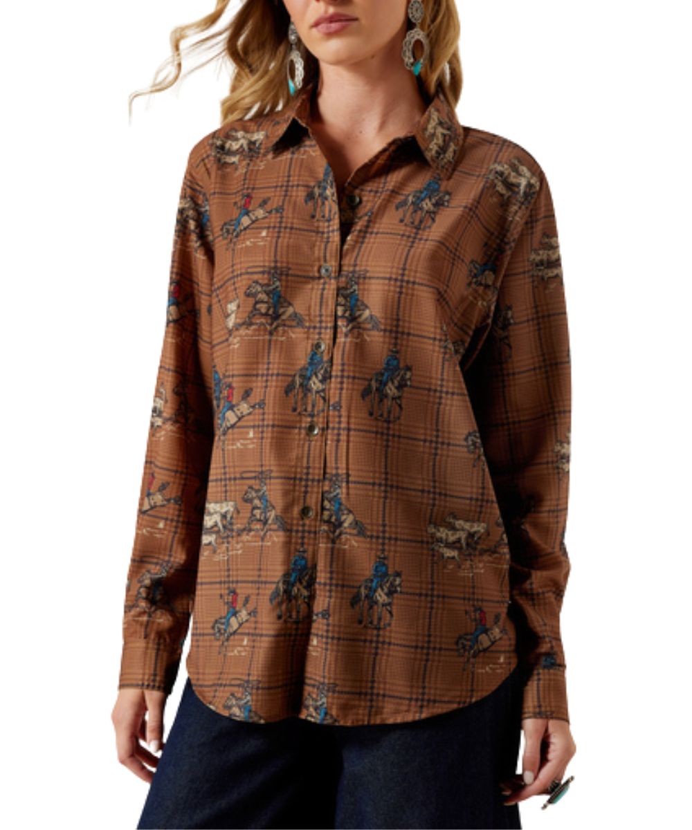 Front view of the women's long sleeve button down shirt featuring the plaid and rodeo print