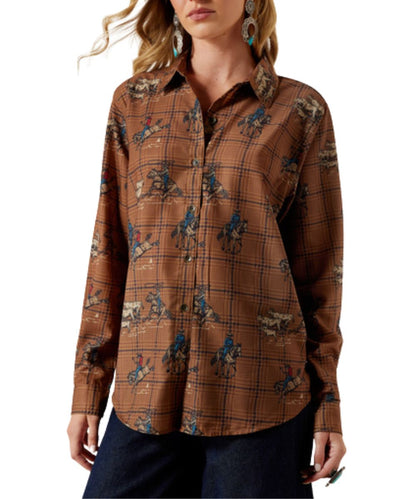 Front view of the women's long sleeve button down shirt featuring the plaid and rodeo print