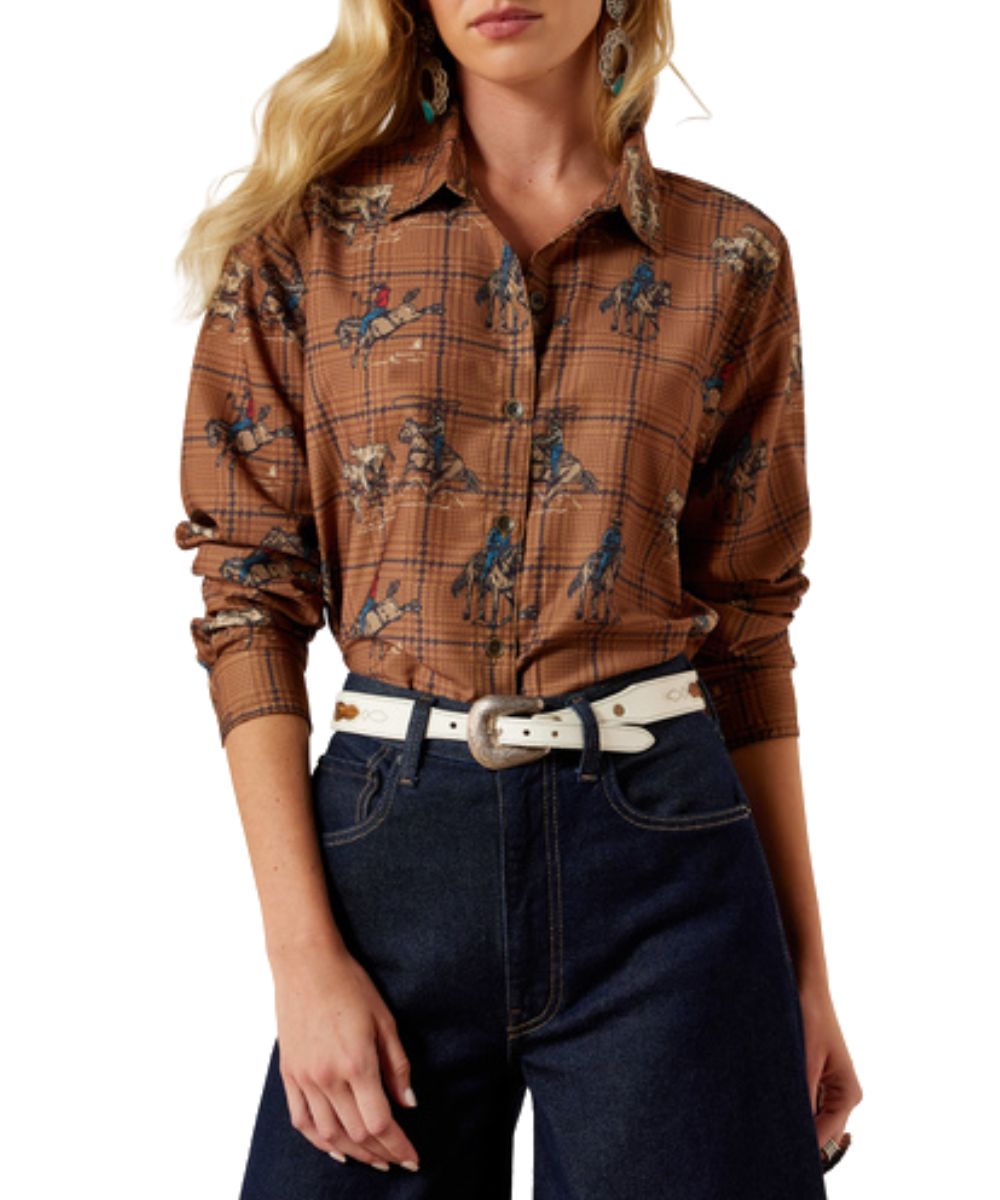 Front view of the women's Ariat Glen Plaid Rodeo Print Homestyle Button Down Shirt featuring the spread collar