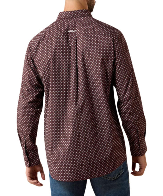 Back view of the men's fudge brown long sleeve button down shirt featuring the straight back yoke with a box pleat, adjustable button cuffs, and medallion print