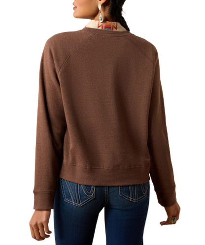 Back view of the women's coffee brown long sleeve pullover sweatshirt featuring the crew neckline and effortless fit