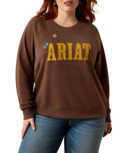 Front view of the women's Ariat Chicory Coffee Heather Essential Crew Sweatshirt featuring the long sleeves and crew neck