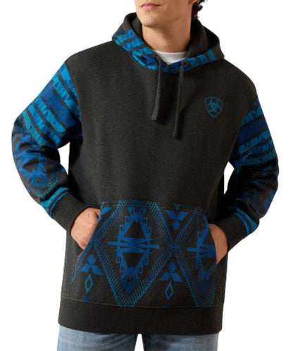 Front view of the men's Ariat Southwestern Color Block Hoodie featuring the blue southwestern printed sleeves, kangaroo pocket, and hood