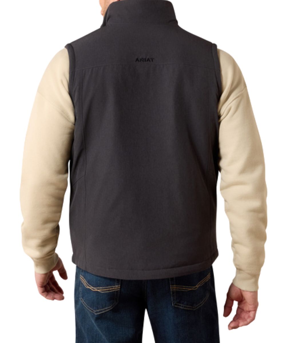 Back view of the men's charcoal heather stretchshell vest featuring the wind-and-water resistant construction
