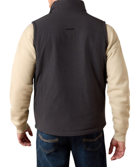 Back view of the men's charcoal heather stretchshell vest featuring the wind-and-water resistant construction