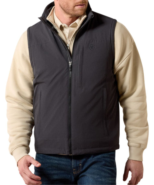 Front view of the men's charcoal heather pioneer stretchshell vest