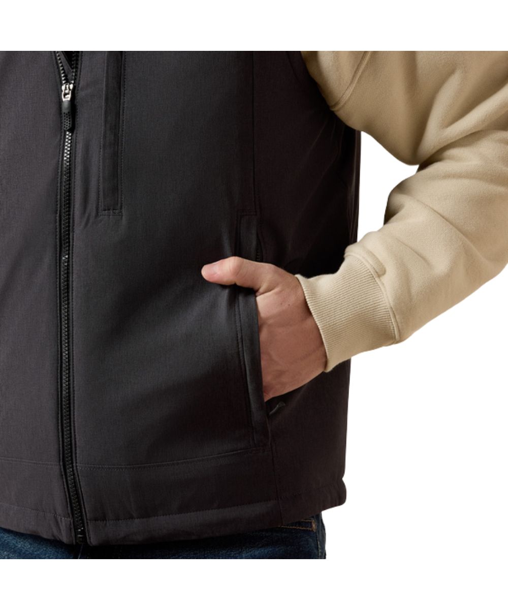 Close-up view of the zippered hand pockets