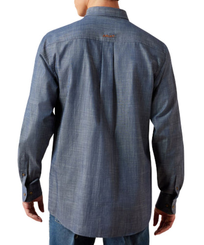 Back view of the men's chambray blue long sleeve button down shirt featuring the straight back yoke with box pleat, in a fitted/slim fit with extra length in the body and sleeves, and logo embroidery