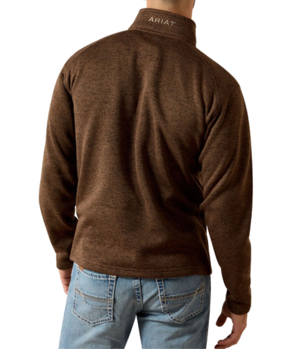 Back view of the men's long sleeve carafe brown 1/4 zip sweater featuring the logo embroidery on the back of the mock collar