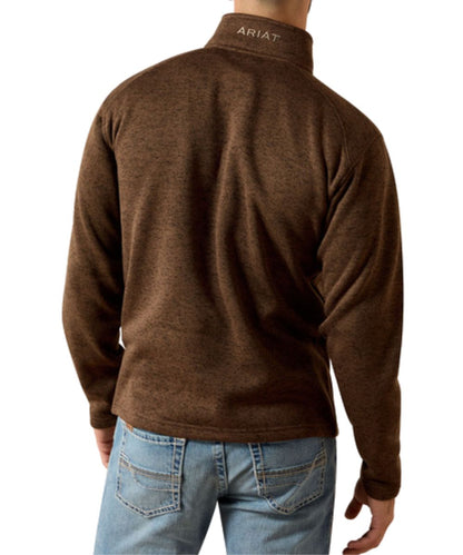 Back view of the men's long sleeve carafe brown 1/4 zip sweater featuring the logo embroidery on the back of the mock collar