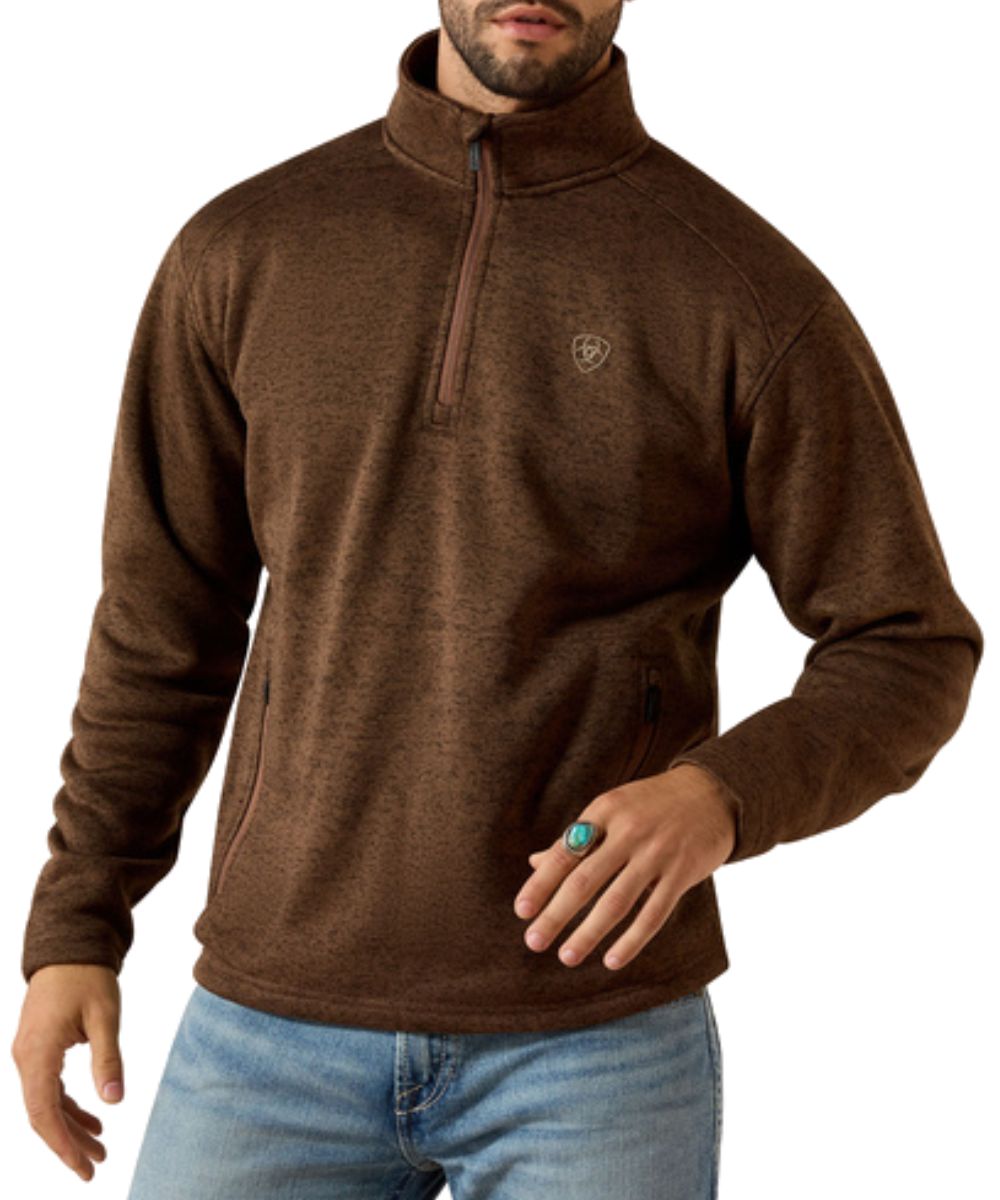 Front view of the men's Ariat Carafe Caldwell 1/4 zip sweater in carafe brown featuring the zippered hand pockets