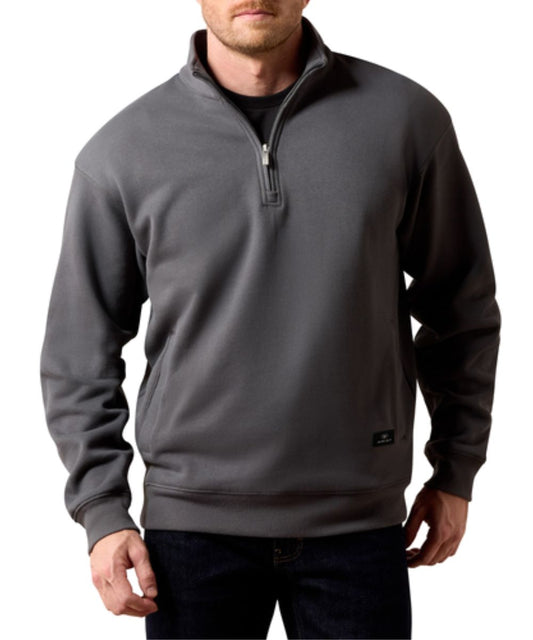 Front view of the men's Ariat Dark Shadow 1/4 Zip Pullover featuring the kangaroo pocket and rib knit trim