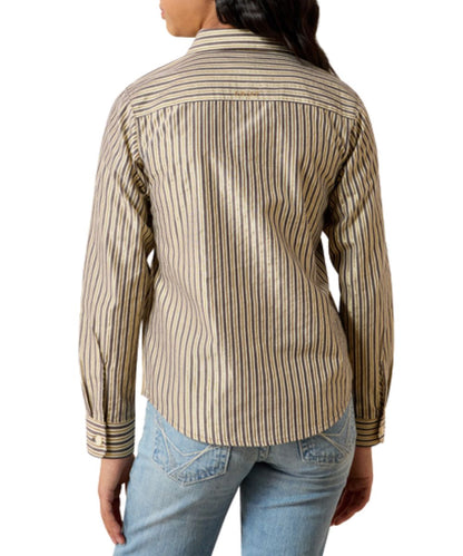 Back view of the girl's long sleeve button down shirt featuring the chocolate and plum striped print, straight back yoke, and logo embroidery