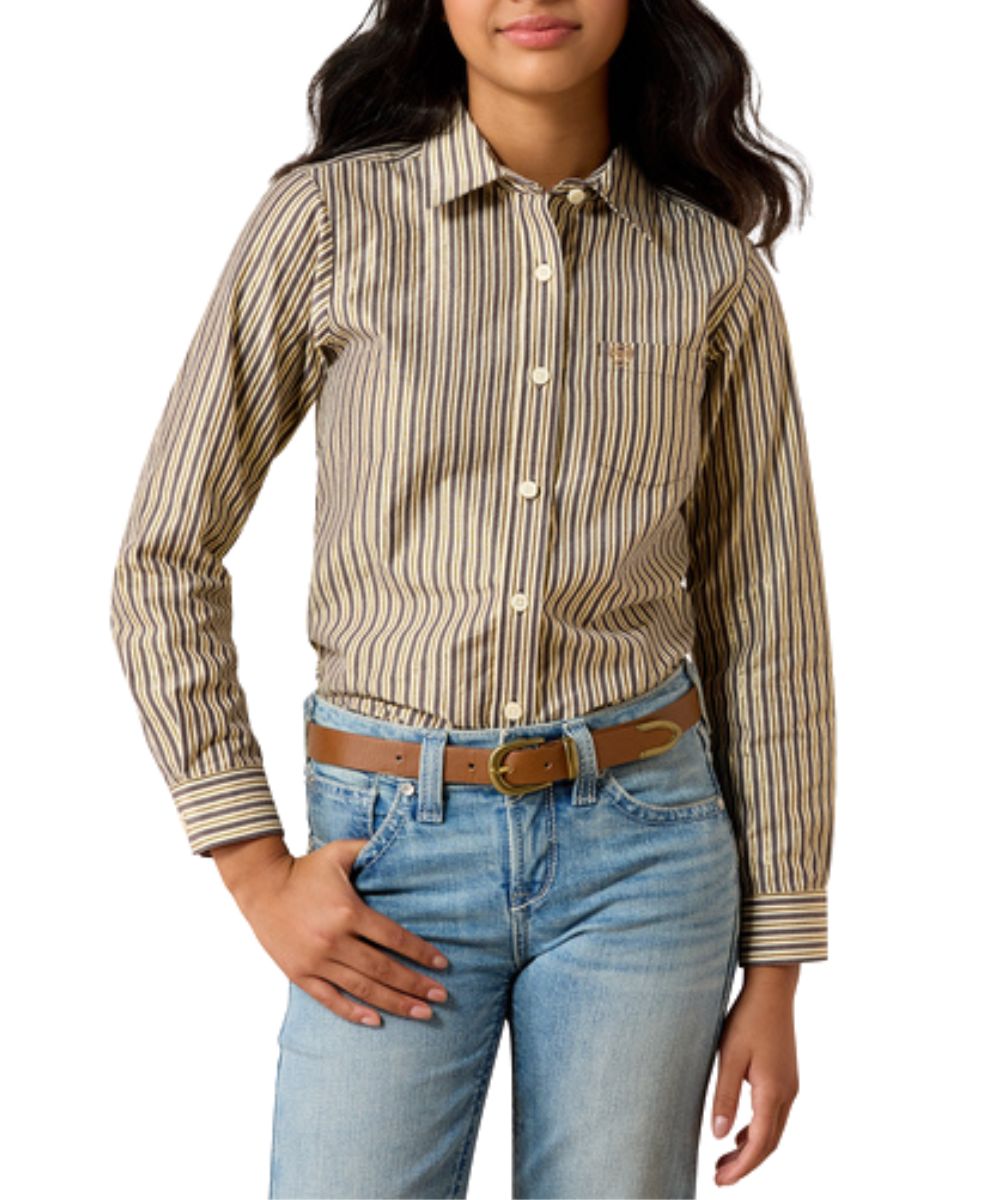 Front view of the girl's Ariat Kirby Button Down Shirt featuring the chocolate and plum striped print