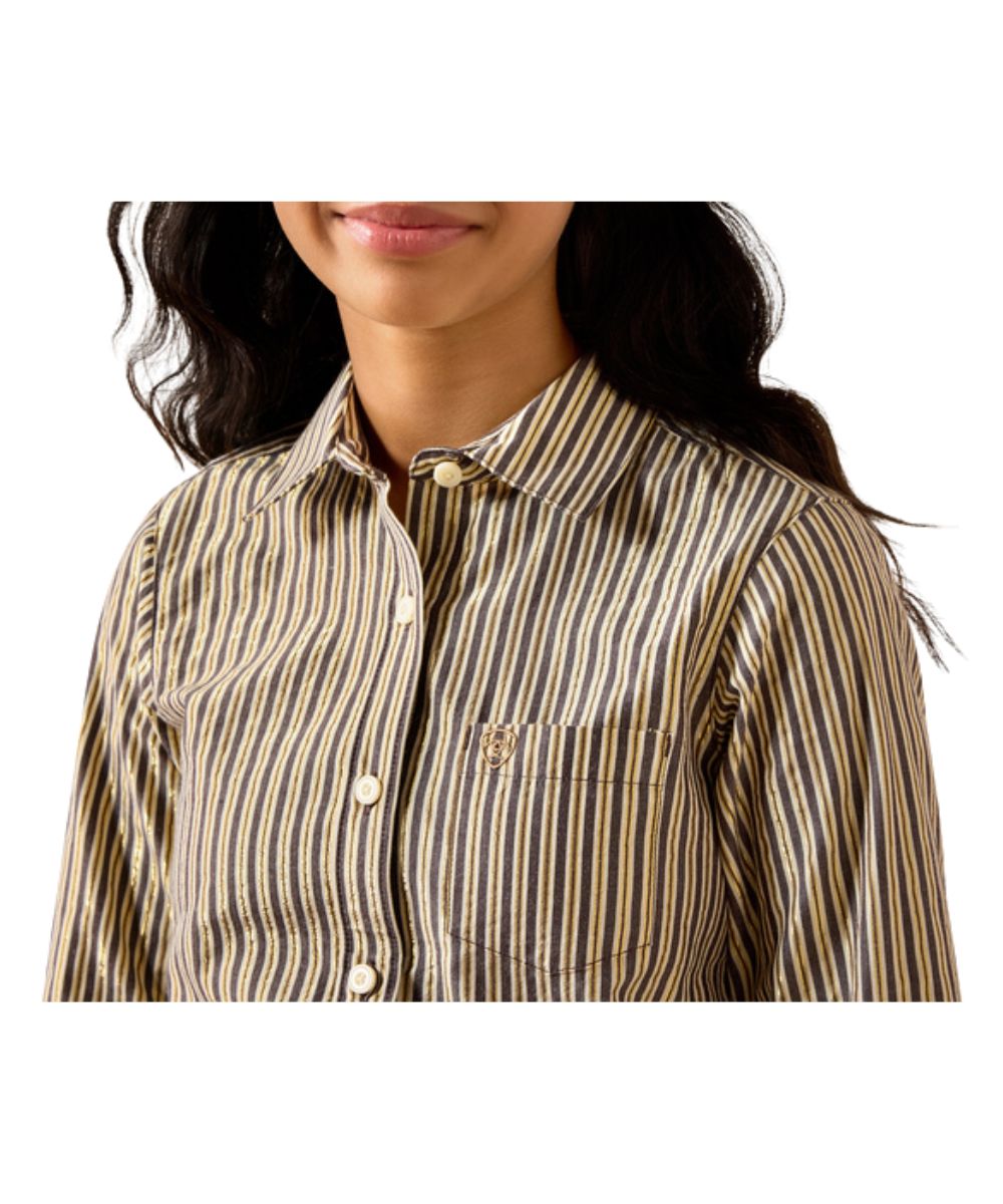 Close-up view of the girl's chocolate and plum striped button down shirt featuring the single open chest pocket and spread collar