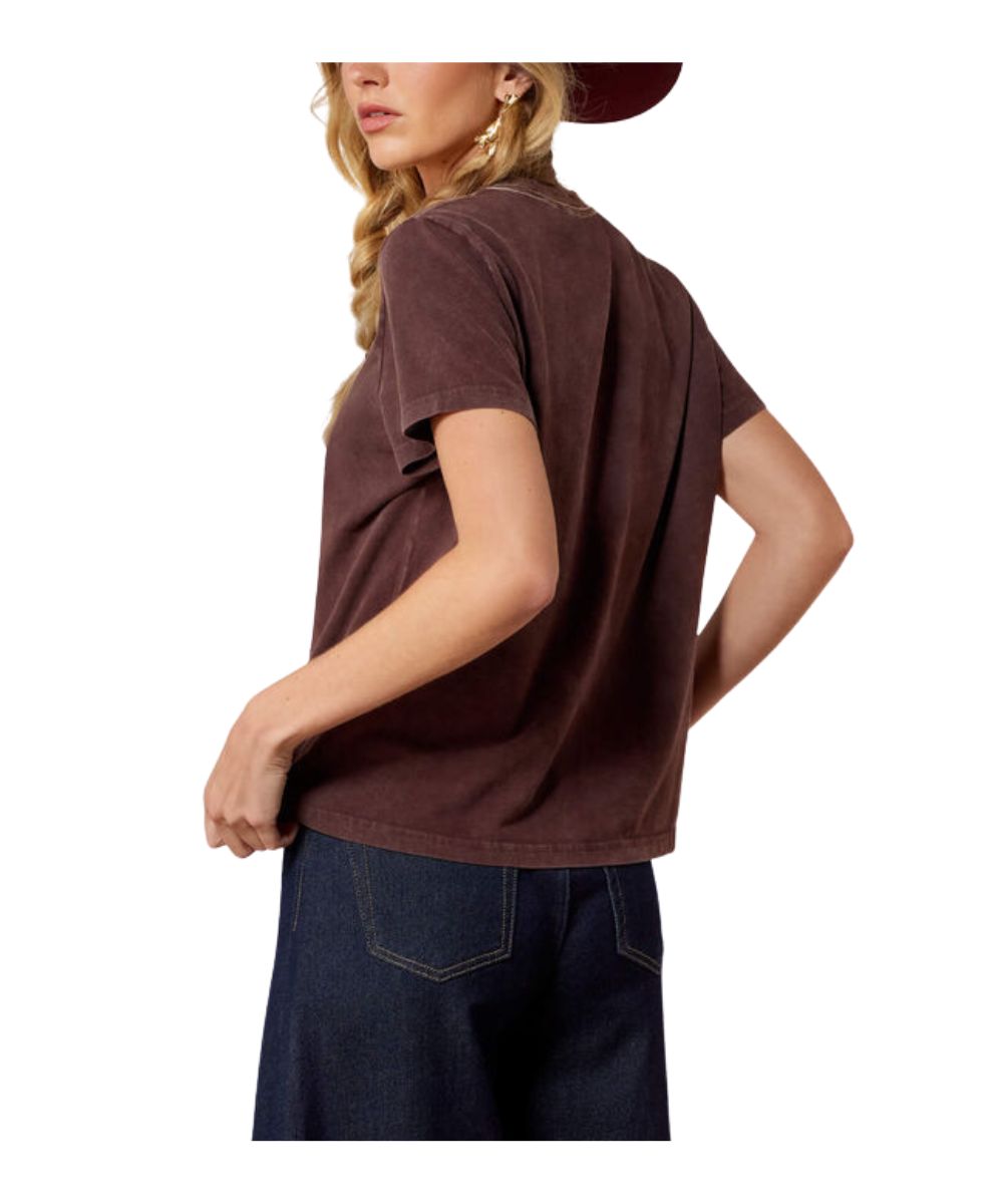 A woman wearing a dark brown short-sleeve t-shirt and dark blue jeans, shown from a side-back angle against a plain white background.