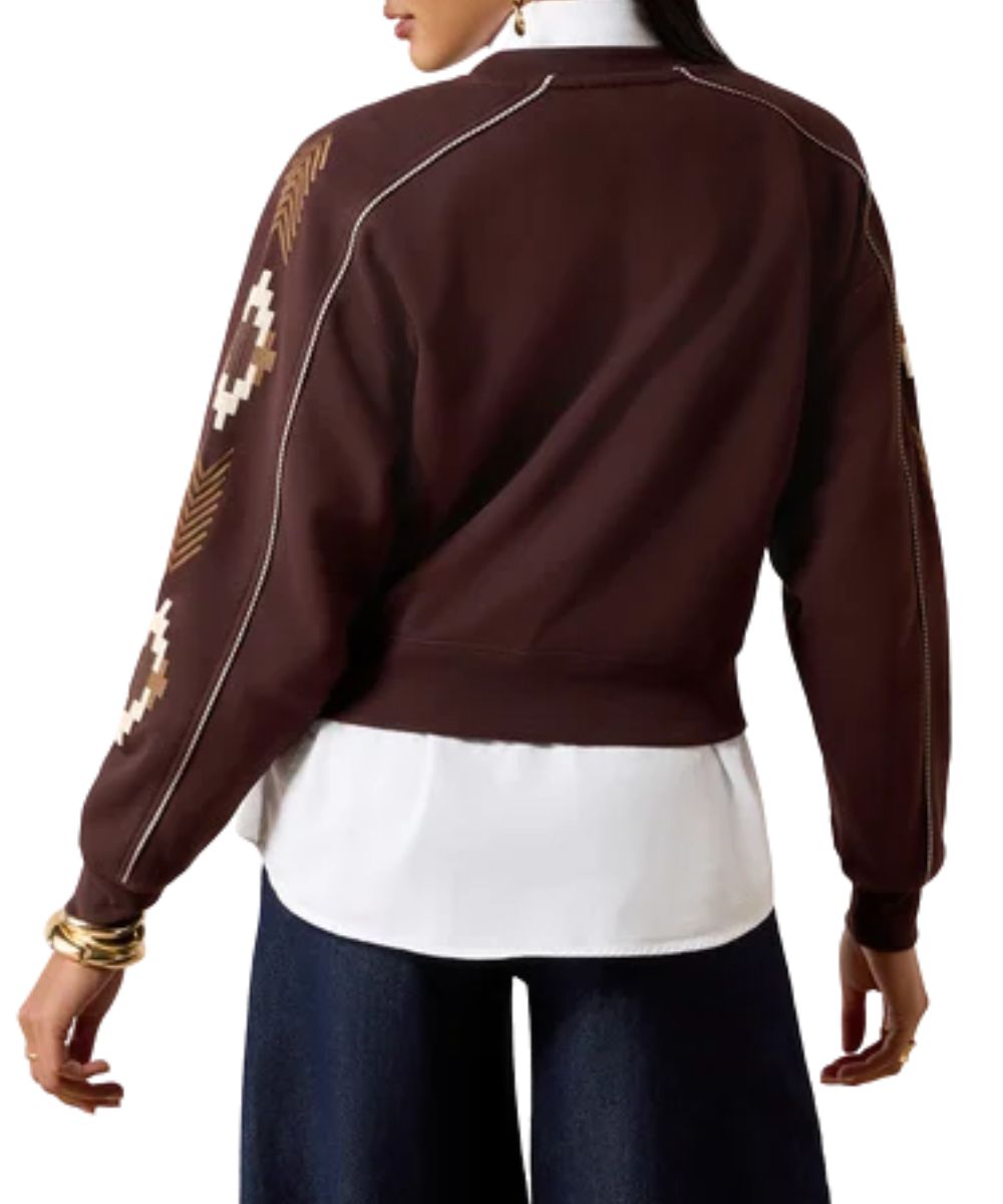 Back view of the women's brown sweatshirt featuring the slightly cropped length and dropped shoulders