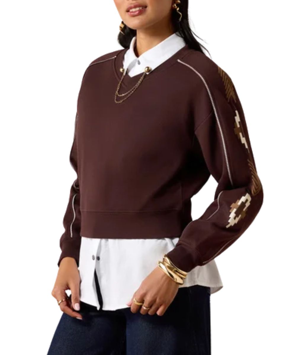 Front view of the women's Ariat Chocolate Plum Dakota Sweatshirt featuring the southwestern embroidery 