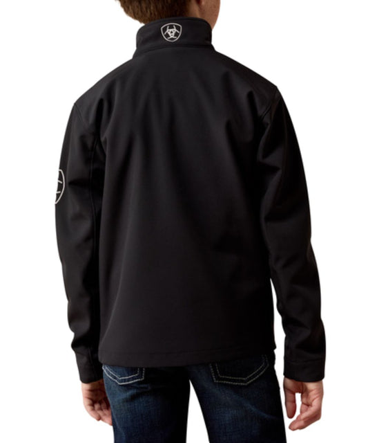 Back view of the boy's black softshell jacket featuring the contrast logo embroidery down the sleeve, chest, and at the back collar
