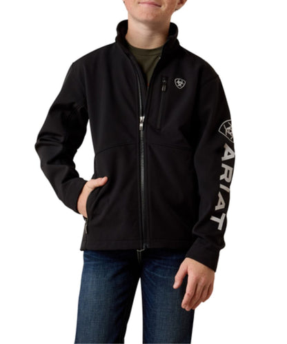 Front view of the boy's Ariat Black Logo Softshell Jacket featuring the zip-up closure, and zippered hand and chest pockets
